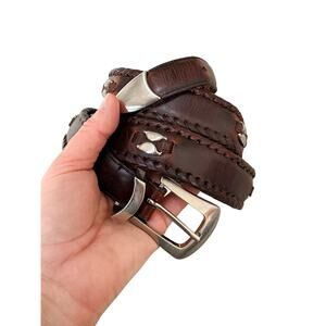 Vintage Brown Leather Belt Braided Studded Silver Western 38-42”